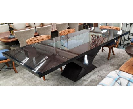 DINING TABLE, extendable with two leaves, central glass panel, 273cm x 110cm x 77 at largest. 