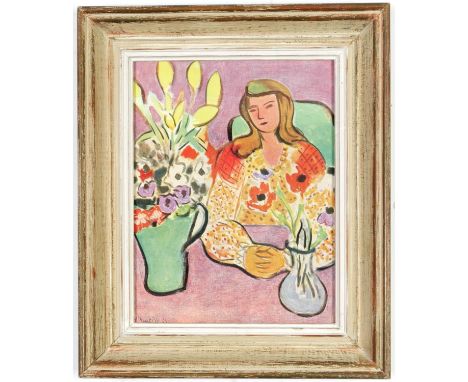 HENRI MATISSE, off set lithograph, Jeune femme avec vase de fleurs, signed in the plate, vintage French frame. (Subject to AR