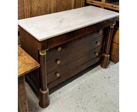 COMMODE, 57cm D x 130cm W x 91cm H, 19th century French Empire mahogany with a later white marble top, metal gilt mounts and 