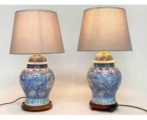 TABLE LAMPS, a pair, blue and white Chinese ceramic of lidded Ginger Jar form with shades, 65cm H. (2) 