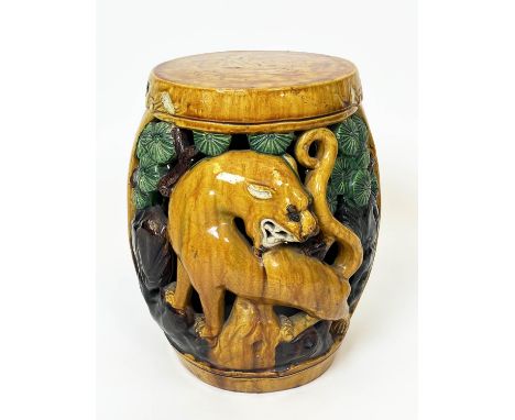 DRUM SEAT, 38cm H, glazed Majolica style porcelain with animal detail. 