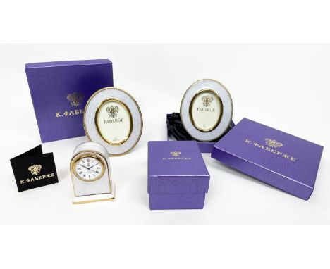 FABERGE ROYAL COLLECTION CERAMIC CLOCK, along with two matching picture frames in 'Guilloche' enamelled style finish in origi
