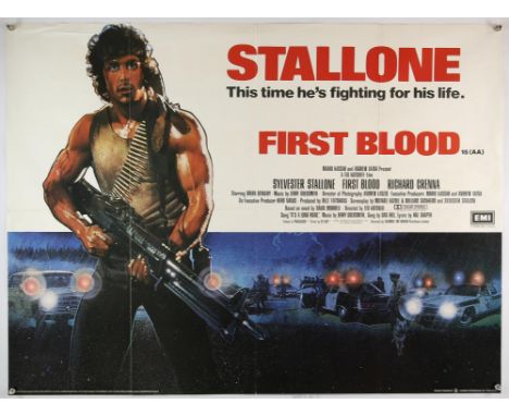 'First Blood', 1982, British quad film poster starring Sylvester Stallone and Richard Grenna.Condition Report:  Overall in go