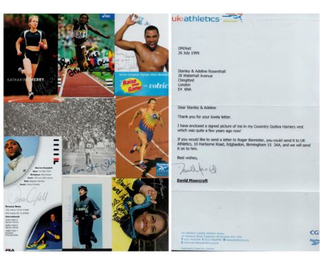 Sports Athletics. Collection of 1 TLS David Moorcroft, 6 Promo/Post Cards Photos signatures such as Ashia, Hansen, Katharine 