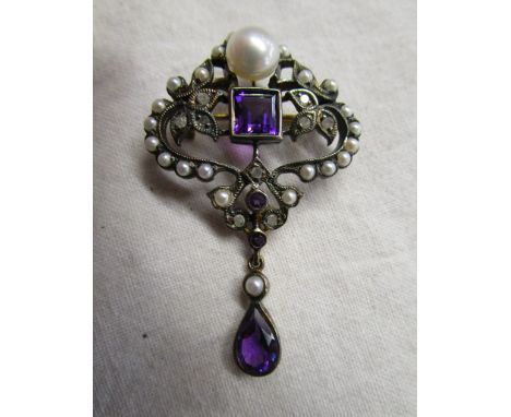 Amethyst, diamond &amp; seed pearl brooch