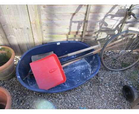 Large plastic dog basket &amp; garden tools