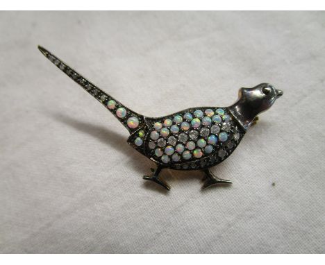 Opal &amp; diamond pheasant brooch