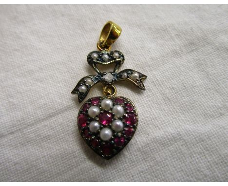 Ruby, seed pearl &amp; diamond heart pendant