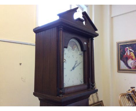 A mahogany grandfather clock with painted face of birds and maps and glass chamber.
