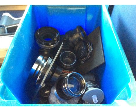 A box of camera lenses and filters including Carl Zeiss, Prinzflex etc.