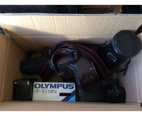 A box of camera equipment including Olympus and Canon camera bodies, cases and lenses.