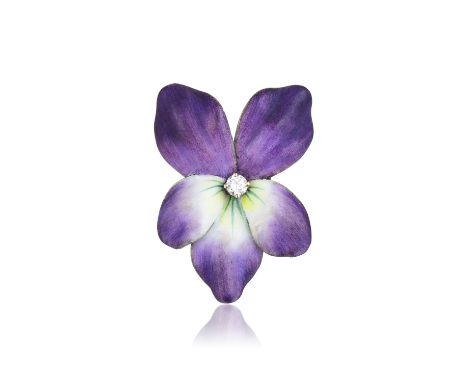 Designed as a purple and white flower pin, with a purple and white enamel top, and a small round-cut diamond in the center, s