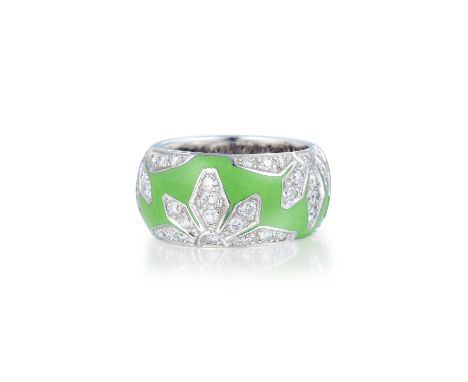 Crafted out of 18K white gold, with lime green enamel and floral motifs accented with round-cut diamonds, weighing a total of