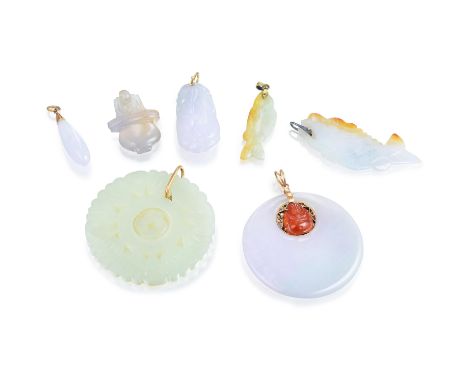 Featuring lavender- and green-toned carved and polished jade, with motifs including peaches and fish; weight 91.4 g. Property