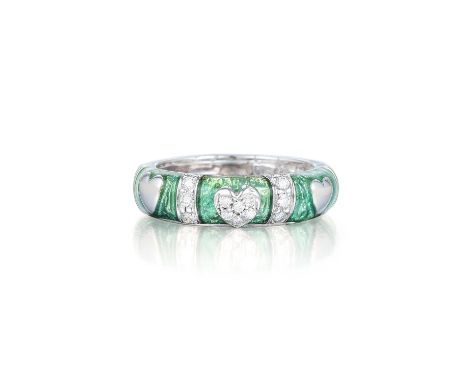 Crafted out of 18K white gold, accented with lime green enamel and small round brilliant-cut diamonds, weighing a total of ap