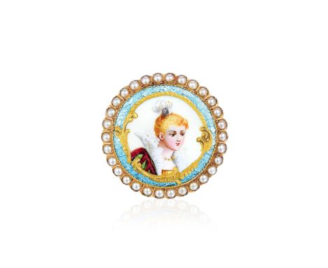 Depicting the portrait of an elegant lady, accented with a small rose-cut diamond in a silver bezel, in a 14K yellow gold set