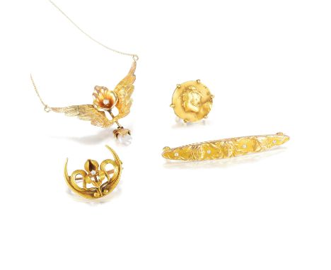Comprising one 14K yellow gold, diamond and pearl drop necklace, one gold and diamond bar pin, one 14K gold and diamond orchi