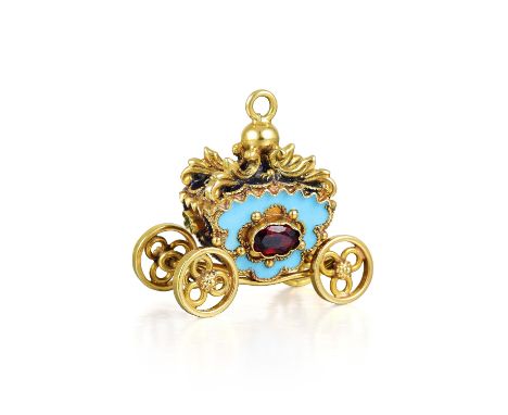 A charming carriage with spinning wheels, beautifully adorned with filigree accents, royal blue and baby blue enamel, and mul