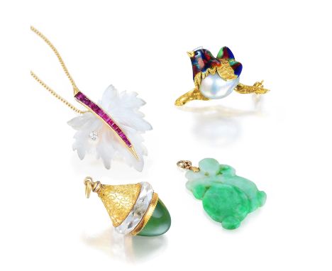 Comprised of a carved jade pendant, a nephrite, gold and crystal pendant, a carved crystal, ruby and diamond leaf pendant, wi