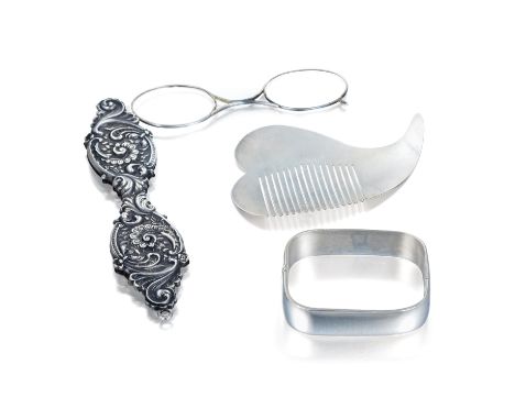 Comprising a heart-shaped silver comb, a pair of silver lorgnettes, and a small silver bangle bracelet; weight 104.2 g. Bangl