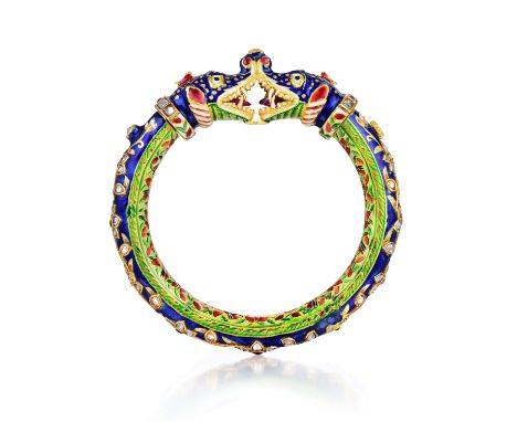 Antique styled IndianÂ 22K gold, with beautiful colorful enamel and colored stone accents; circumference 6-7/8 inches; weight