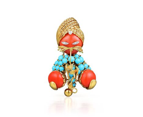 Crafted out of 18K yellow gold, with coral for the head and legs, turquoise for the torso and small round-cut diamonds for th