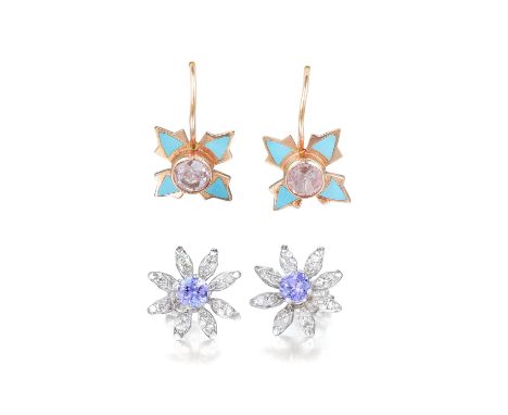 Comprising two pairs of earrings, one of Russian craftsmanship, with 14K rose goldÂ accented by enamel, the second crafted ou