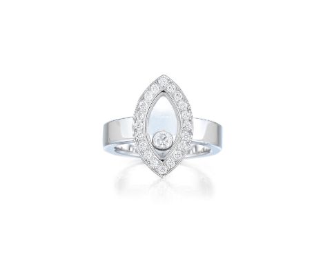 Featuring a floating round-cut diamond, weighing approximately 0.05 carats, in a marquise-shaped frame, set with 20 round bri