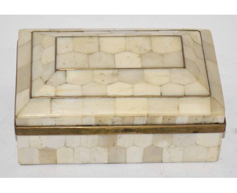 Vintage ivorine or bone mounted and brass box for cigarettes, of rectangular form, 13cm long   