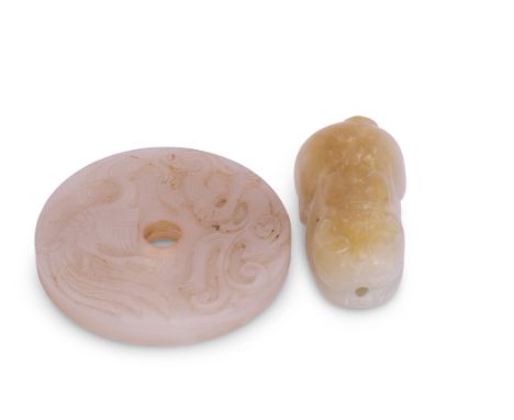 Chinese jade model of a cat, the white jade with russet occlusions, together with a circular disc carved with birds (2)   