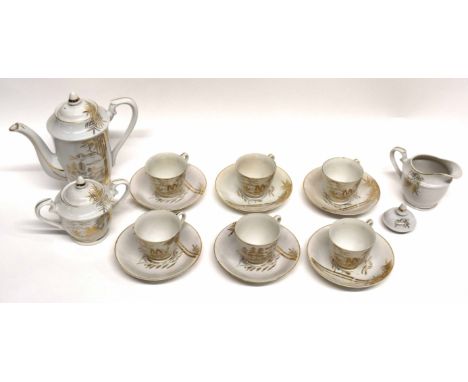 Mid-20th century Oriental tea set including a lithophane of a face of a Geisha girl in the bottom of the cups, the set compri