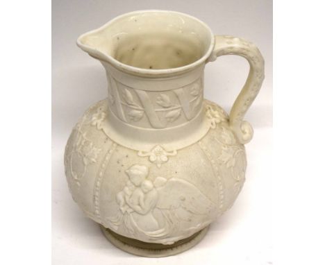 Worcester (Kerr &amp; Binns) mid-19th century Parian ware jug modelled in relief with cherubs   