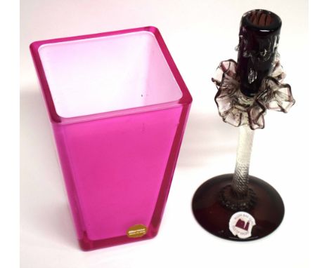 Murano Art Style double skin vase, the exterior with a pink colour, together with an Alum Bay glass candlestick with paper la