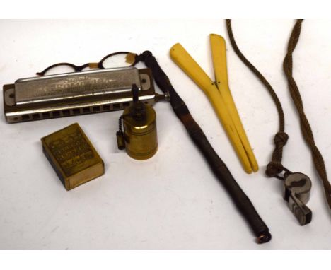 Vintage lighter, bone curling tongs, lorgnettes, mouth organ, whistle etc