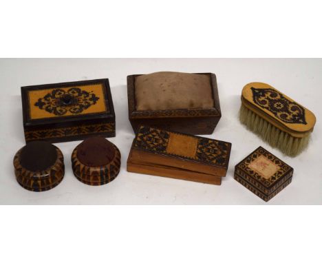 Collection of various Tonbridge ware mounted items including pin cushion, small lidded box, brush etc   