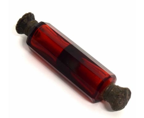 Vintage white metal mounted Victorian red glass double ended scent bottle, 10.5cm long