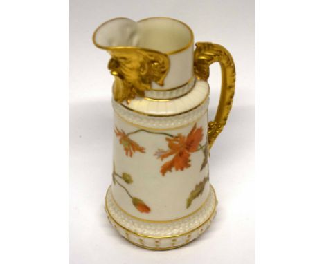 Worcester jug with mask spout and gilt handle, the blush ground body decorated with flowers, factory mark in puce to base, sh