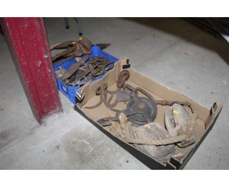 Two boxes containing various tools to include hay knife, vintage shears, traps, wooden pulley blocks, grapple hook etc.