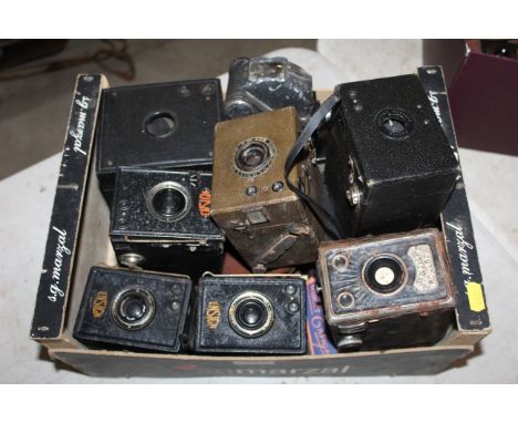 A quantity of vintage cameras to include three Ensign "All Distance", a Balda Rollbox, a vintage Kodak box camera, Ensign Ful