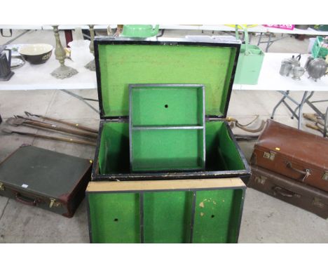 A large black painted wooden and metal bound trunk with two three division internal trays, lined with felt