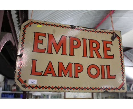 A double sided enamel sign on rolled iron base for "Empire Lamp Oil", approx. 24" x 15"