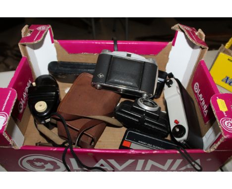 A box containing a quantity of vintage cameras to include JBis, Ferrania, an Agfa Sclette, a Minolta Autopak 600-X, a Kodak B