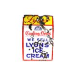 An enamel sign on rolled iron base for "Lyons Ice Cream", approx. 34½" x 22½" AF