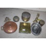 A quantity of antique metalware including oak and plated bread basket, a brass dairy weights