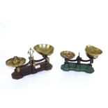 A set of W & T Avery ornate kitchen scales to weigh 2lb, with brass pans and weights and another