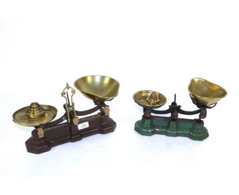 A set of W &amp; T Avery ornate kitchen scales to weigh 2lb, with brass pans and weights and another similar smaller set with