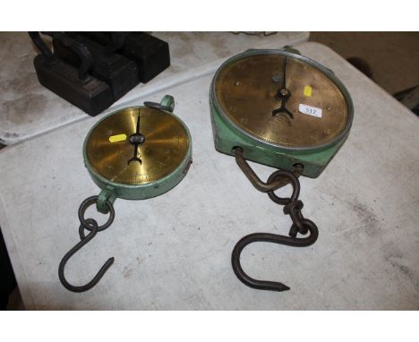 Two brass faced Salter balance scales to weight 10lbs and 100lbs