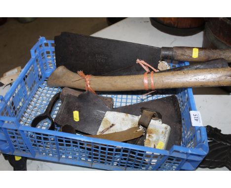 A quantity of various bygone tools to include a wooden handled hurdle splitter marked Elwell 1941, a wooden handled slasher m