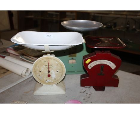 A set of Kilway scales, a set of Weighmaster 7lb kitchen scales and a set of British Postaway scales