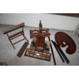 A 19th Century oak wine bottle holder, wooden map rollers, a mahogany artists pallet etc.